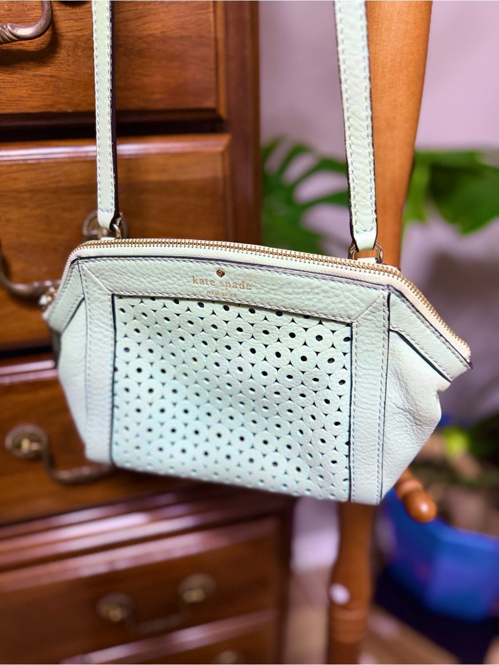 Kate Spade Mercer Isle Sienna Perforated Leather Crossbody- Mint Green